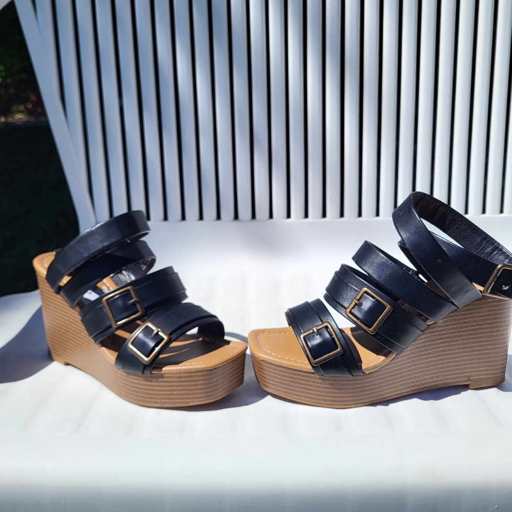 Women's Strappy Black Wedges, Size 7